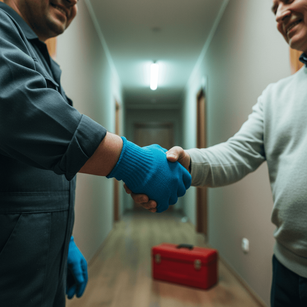 Monteur zeigt dem Kunden die abgedichtete Leitung unter dem Waschbecken und erklärt die Reparatur