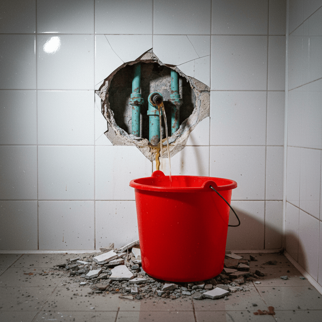 Installateur verschraubt ein neues Rohrstück in einem geöffneten Versorgungsschacht, Werkzeug liegt ordentlich auf einer Schutzmatte