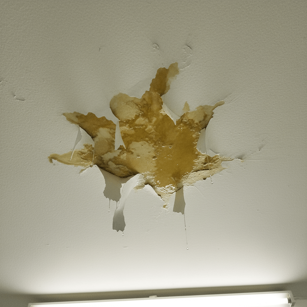 Wasserflecken breiten sich an einer Zimmerdecke neben einer Lampe aus, darunter steht eine Auffangschale