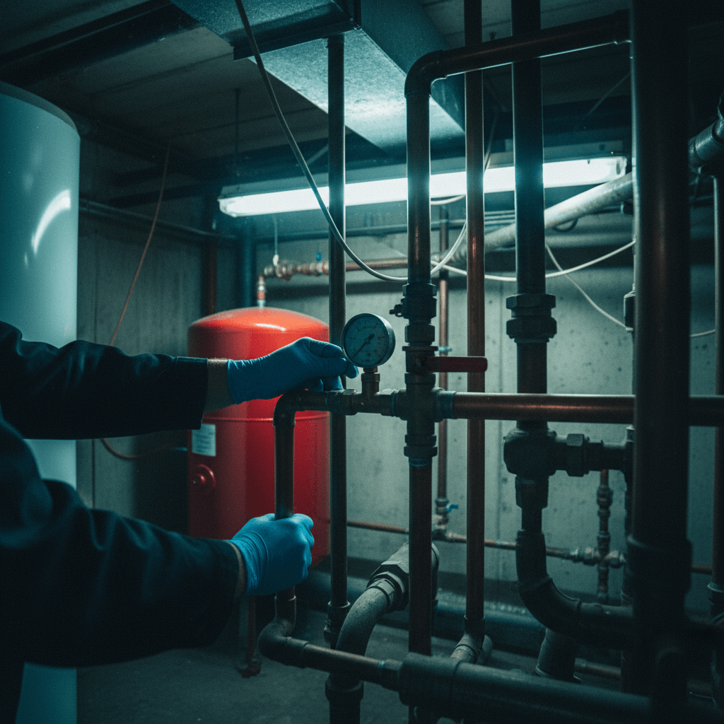 Fachkraft prüft den Druck am Manometer einer Heizungsanlage und hält einen Befüllschlauch bereit