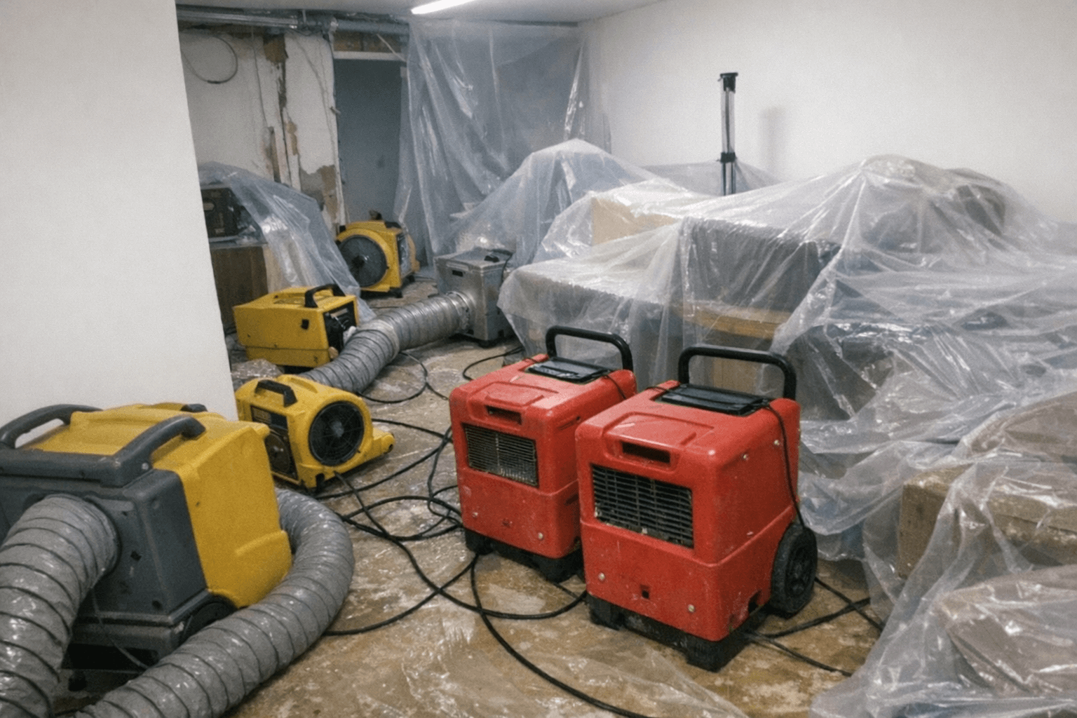 Mehrere Bautrockner arbeiten in einem leeren Raum