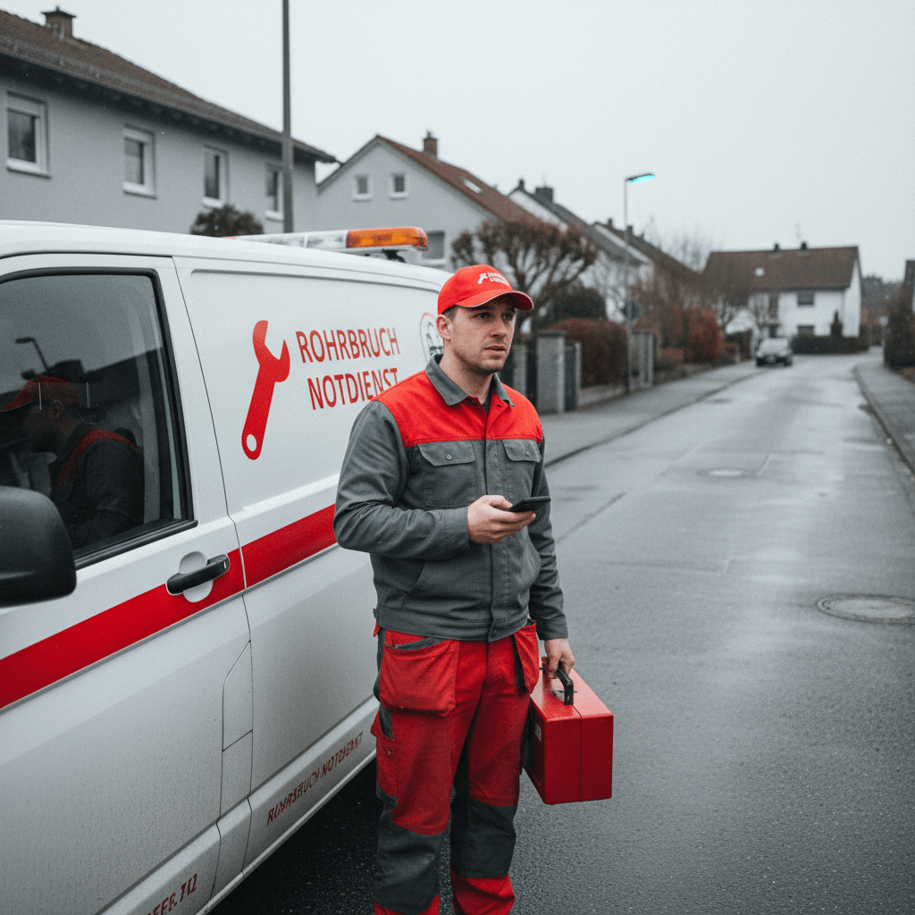 Techniker prüft an einer Hausflurwand Messgeräte neben einem Servicefahrzeug bei Regen
