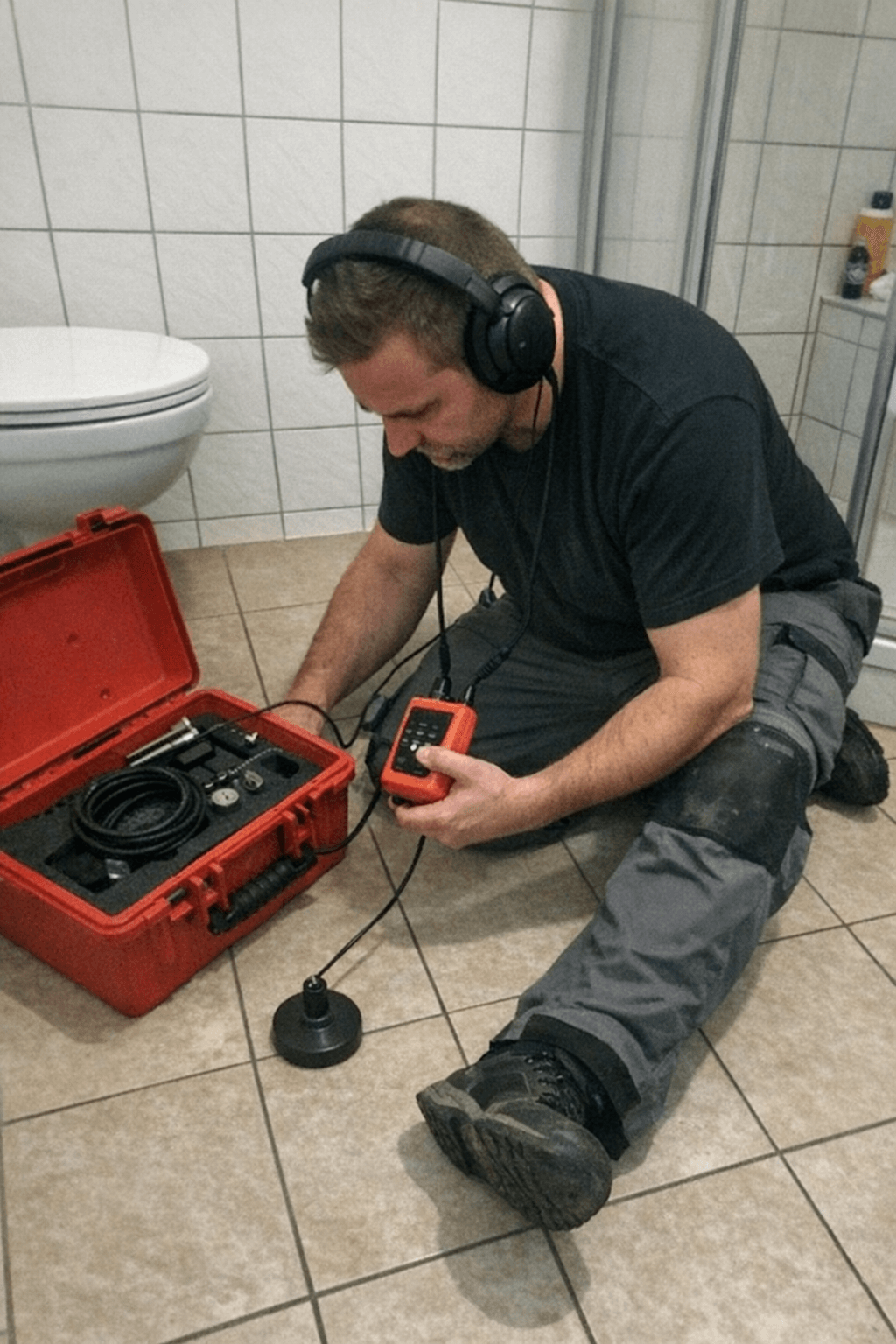 Techniker hält ein akustisches Leckortungsgerät an eine geflieste Wand im Bad, daneben liegt eine Wärmebildkamera