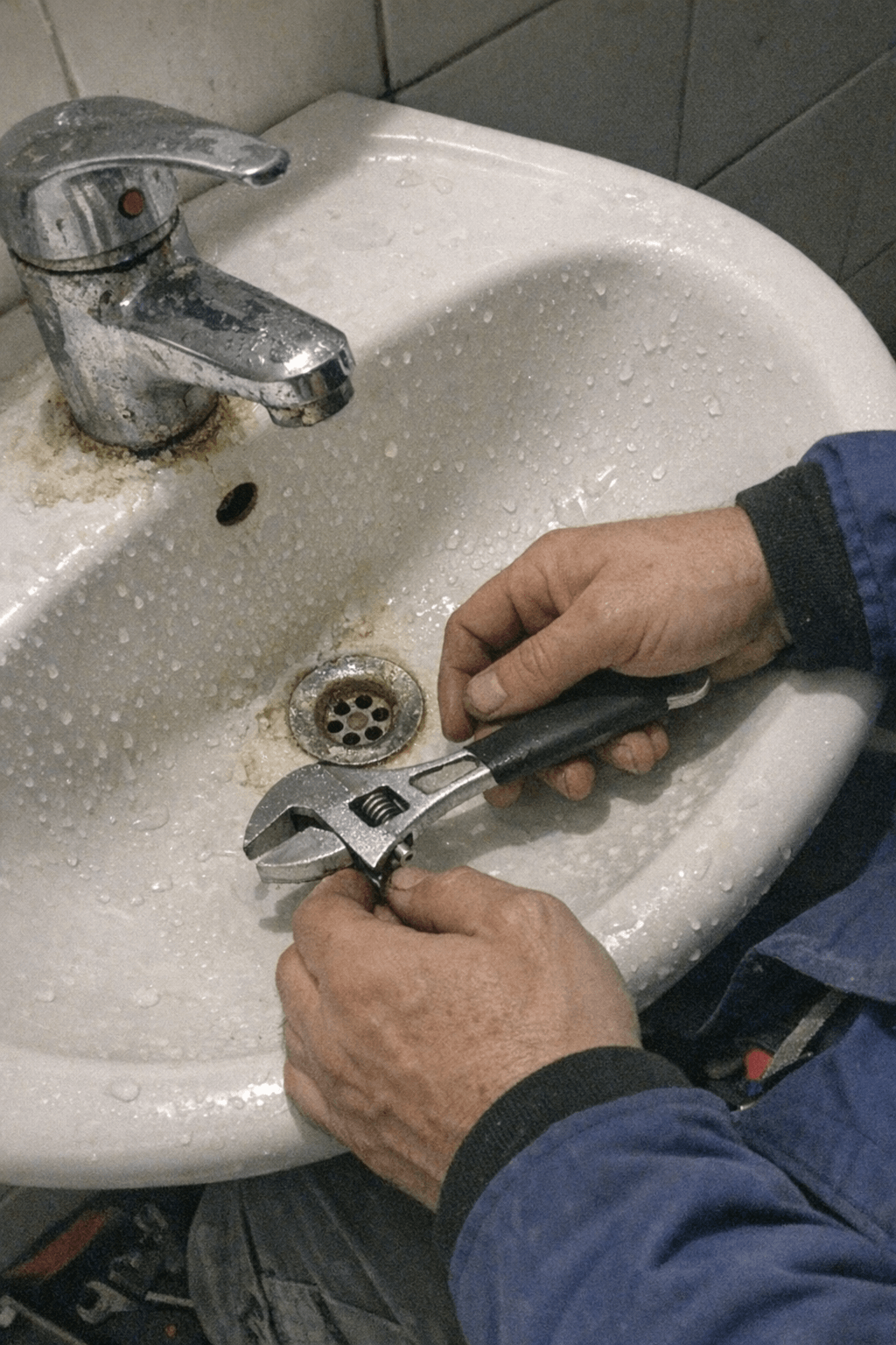 Nahaufnahme eines Waschbeckens; ein Monteur löst die Armatur mit einem passenden Schlüssel